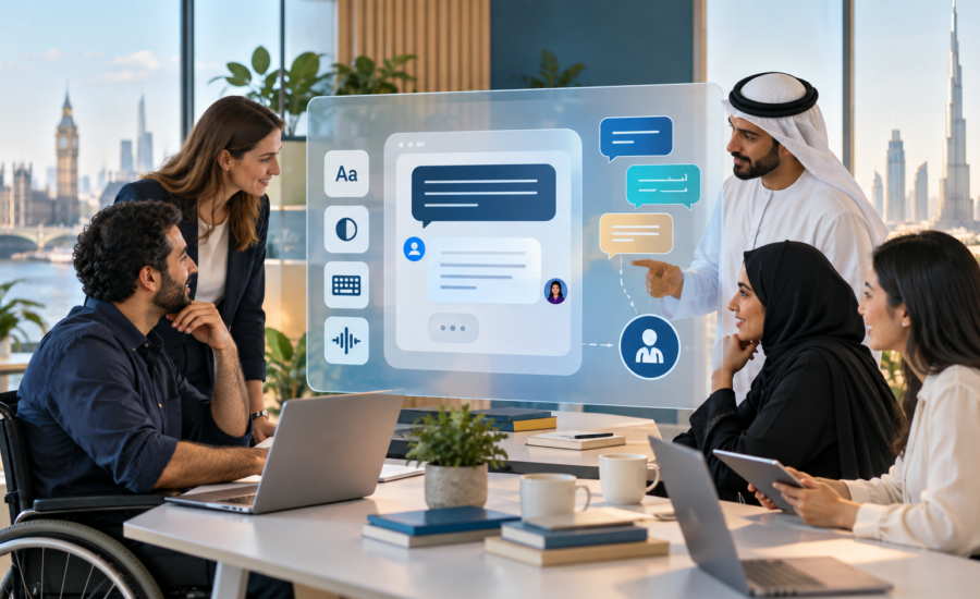 UK and UAE team reviewing an accessible AI chatbot with keyboard, screen-reader and human handover features