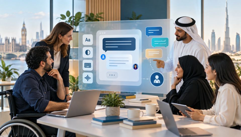 UK and UAE team reviewing an accessible AI chatbot with keyboard, screen-reader and human handover features