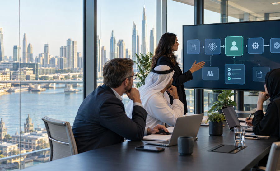 UK and UAE business team reviewing an AI agent governance workflow with human approval controls