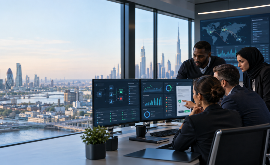 UK and UAE team reviewing AI agent observability dashboards, workflow traces and human approval controls