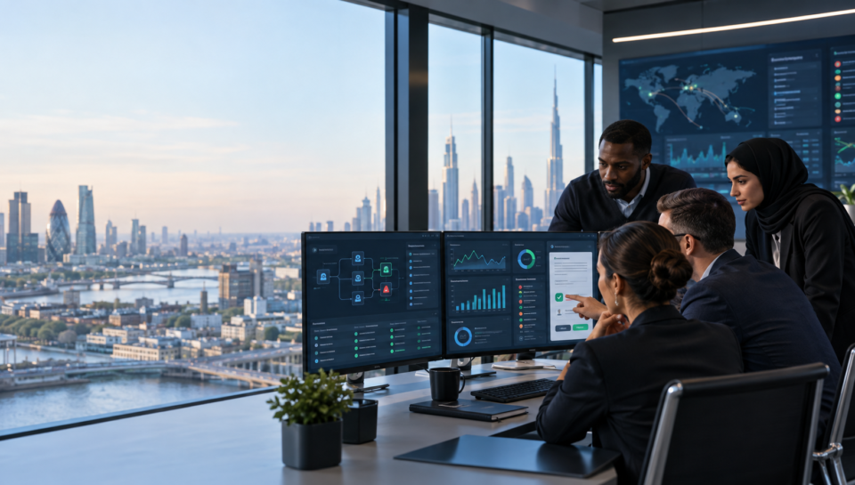 UK and UAE team reviewing AI agent observability dashboards, workflow traces and human approval controls