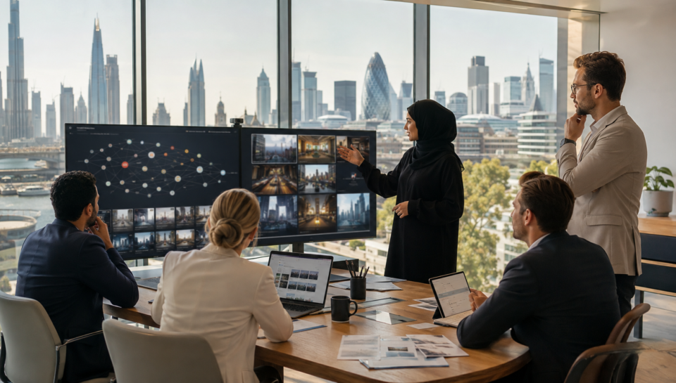 AI Search SEO for UK and UAE Brands UK and UAE creative team planning AI search and video content