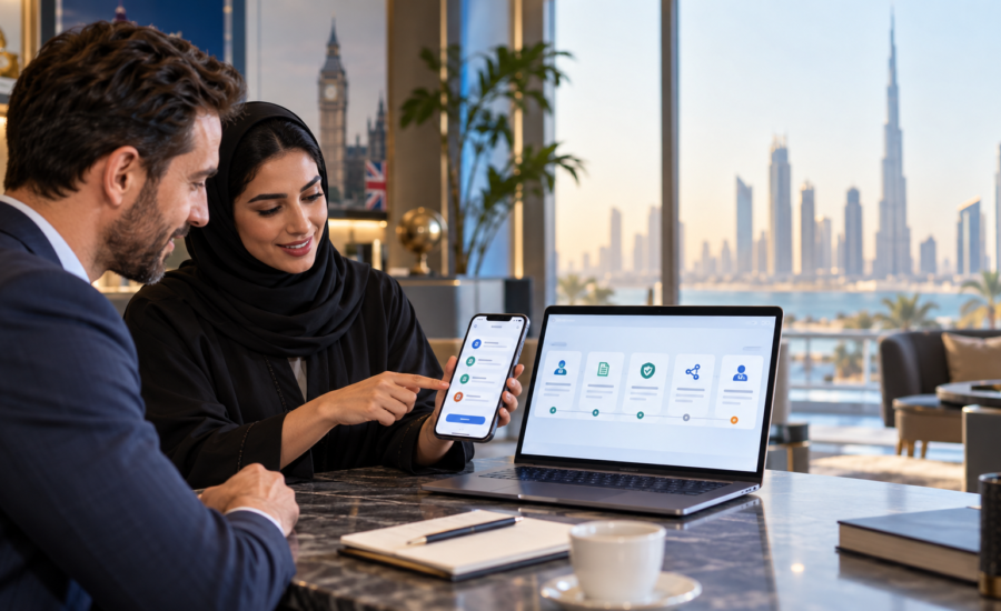 UK and UAE professionals reviewing a secure digital customer onboarding workflow with identity, documents and CRM steps