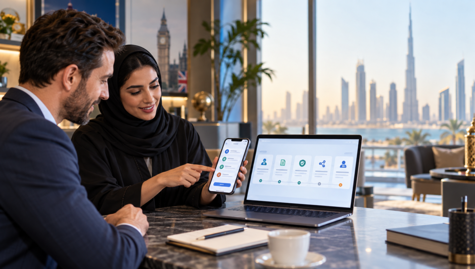 UK and UAE professionals reviewing a secure digital customer onboarding workflow with identity, documents and CRM steps