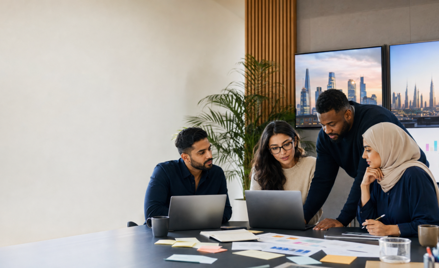 UK and UAE creative team reviewing original content for AI search visibility