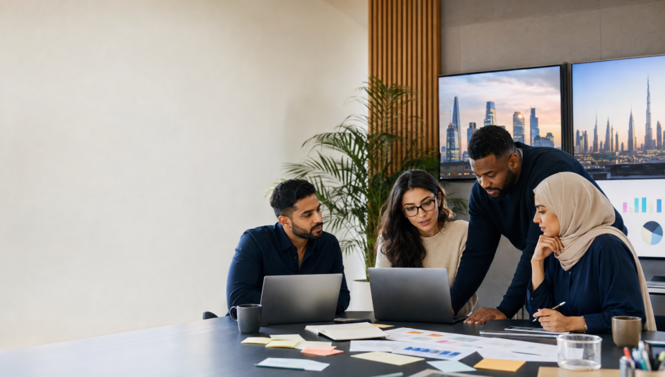 UK and UAE creative team reviewing original content for AI search visibility