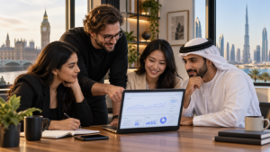 UK and UAE marketing team reviewing AI search visibility analytics in London and Dubai