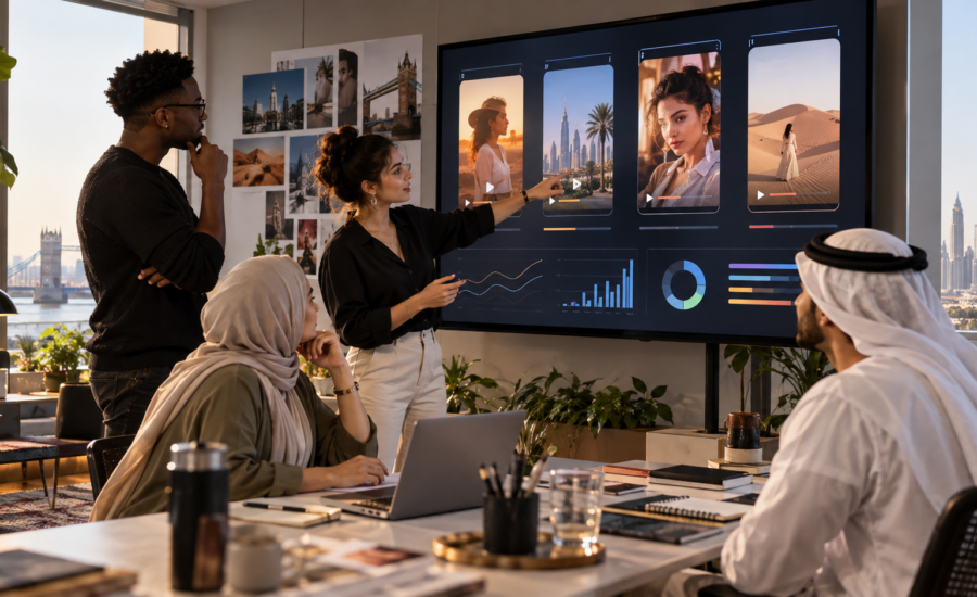 Creative strategists reviewing AI-assisted Reel testing for UK and UAE audiences