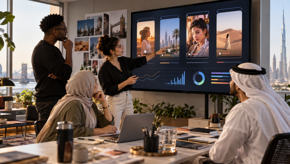 exec-a6d6615c-b1d3-49b9-a1fb-43689ec5c23a Creative strategists reviewing AI-assisted Reel testing for UK and UAE audiences