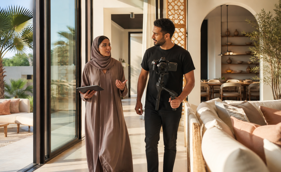 UAE estate agent and videographer filming a contemporary Abu Dhabi villa