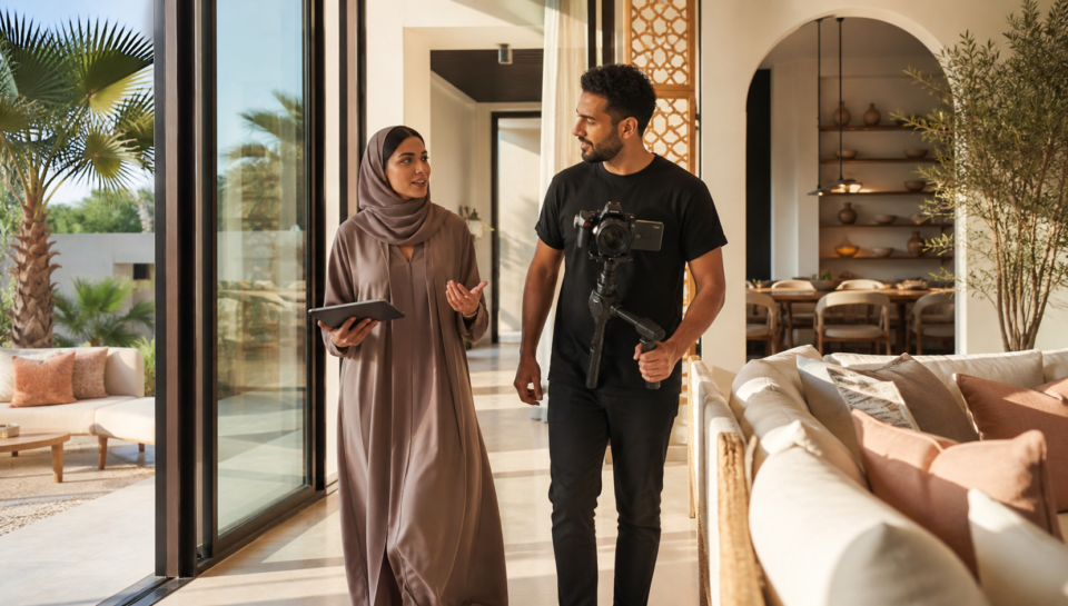 exec-af2badc6-e17e-4364-a51b-7cb0721b3683 UAE estate agent and videographer filming a contemporary Abu Dhabi villa