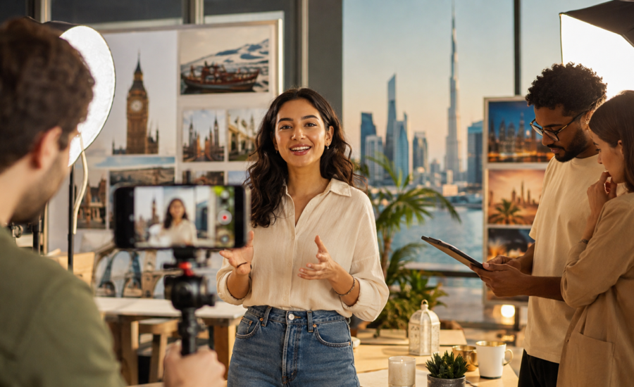 Creator filming a transparent AI-assisted marketing video for UK and UAE audiences in a studio