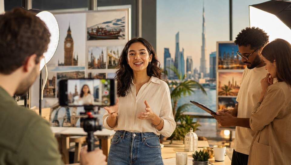 Creator filming a transparent AI-assisted marketing video for UK and UAE audiences in a studio