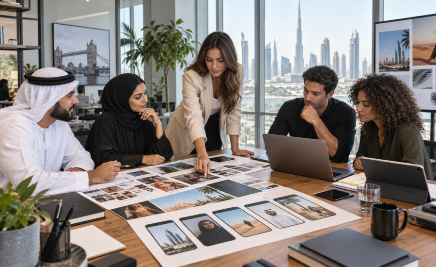 Creative team planning a social-first GCC campaign for UK and UAE audiences