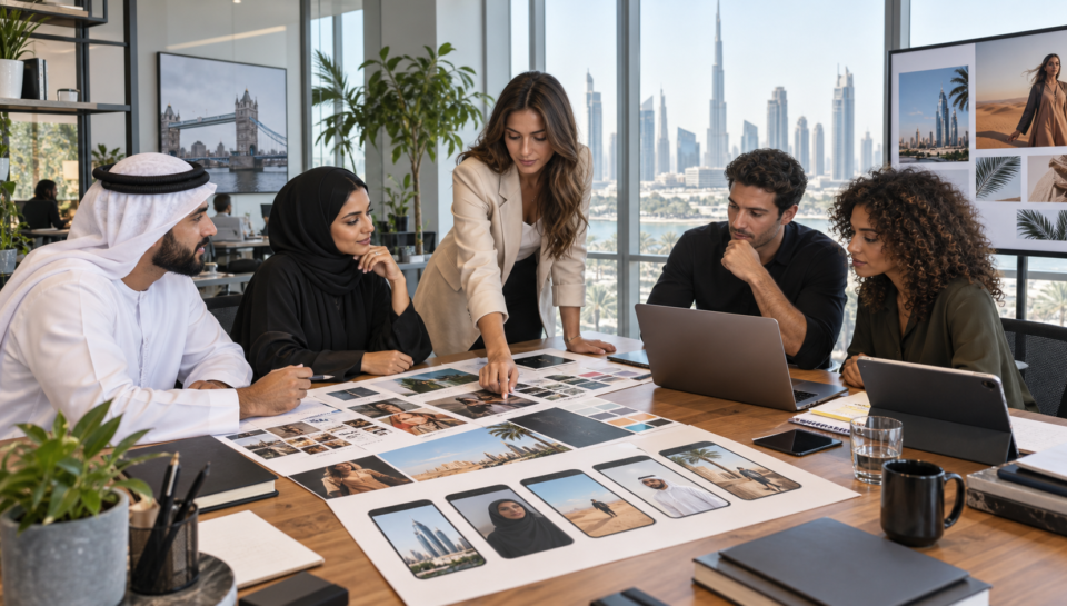 Creative team planning a social-first GCC campaign for UK and UAE audiences