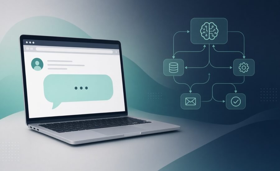 Abstract laptop chat interface beside an AI workflow diagram representing website chatbot versus AI agent automation