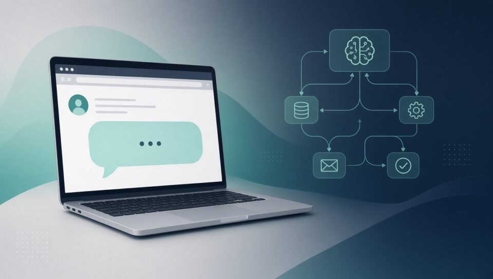 Abstract laptop chat interface beside an AI workflow diagram representing website chatbot versus AI agent automation