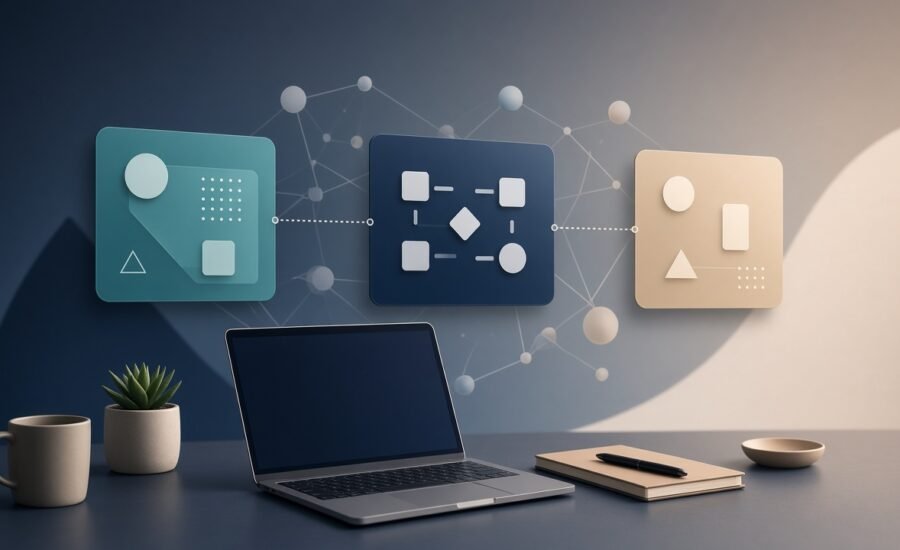 Abstract desk with laptop and three connected workflow panels representing automation platform integrations