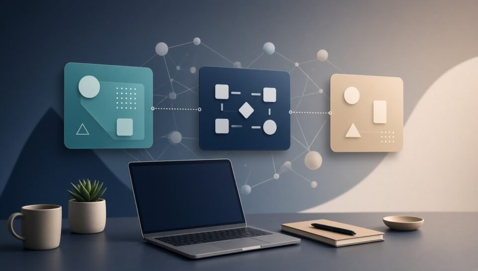 Abstract desk with laptop and three connected workflow panels representing automation platform integrations