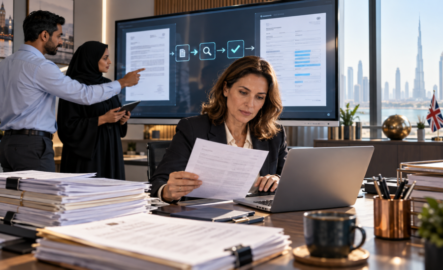 UK and UAE operations team reviewing AI-extracted document fields before an automated workflow proceeds