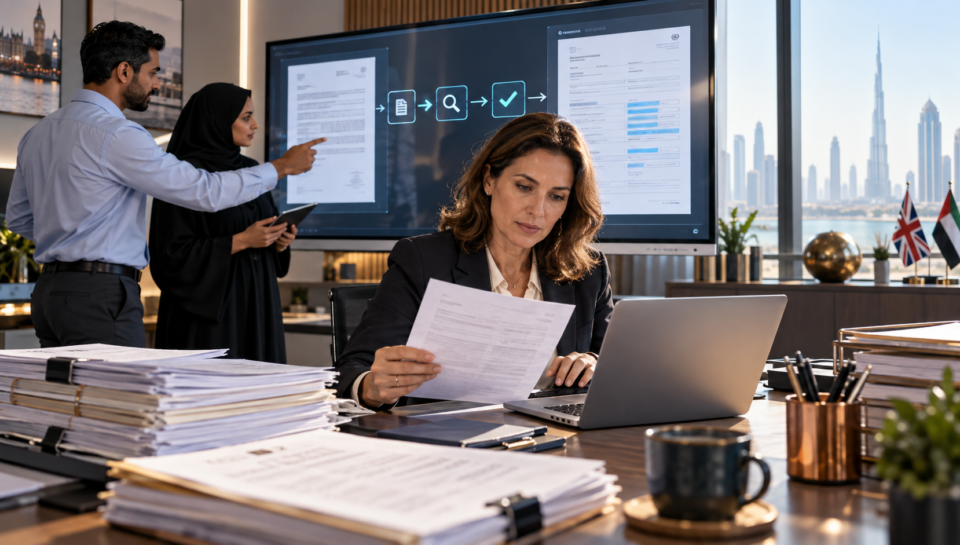 UK and UAE operations team reviewing AI-extracted document fields before an automated workflow proceeds