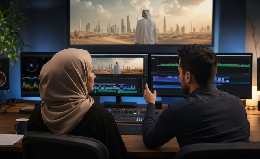 UK and UAE editors preparing a multilingual brand video