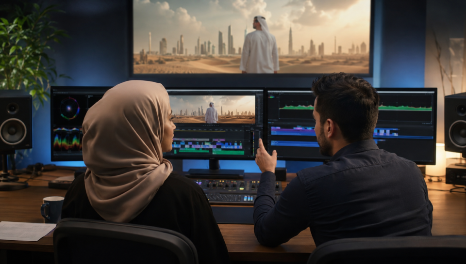 UK and UAE editors preparing a multilingual brand video