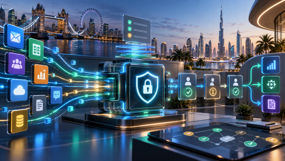 Secure No-Code Integration Governance for UK and UAE SMEs Secure no-code integration hub connecting UK and UAE business apps with approval and audit controls