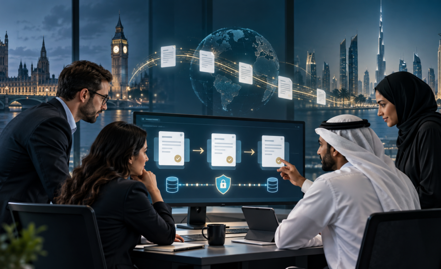 UK and UAE finance teams reviewing a secure structured e-invoicing automation workflow