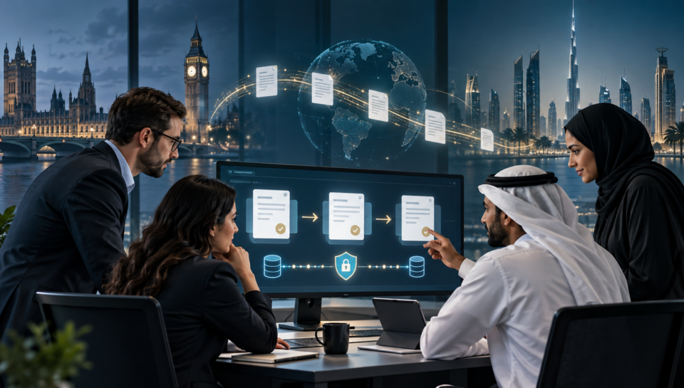 UK and UAE finance teams reviewing a secure structured e-invoicing automation workflow