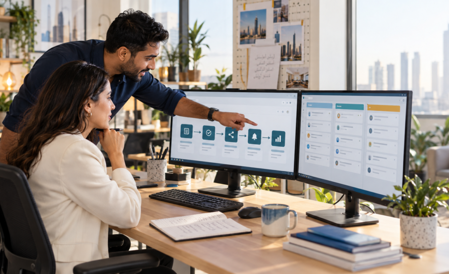 UK and UAE operations team mapping a WordPress-to-CRM lead automation workflow on desktop screens