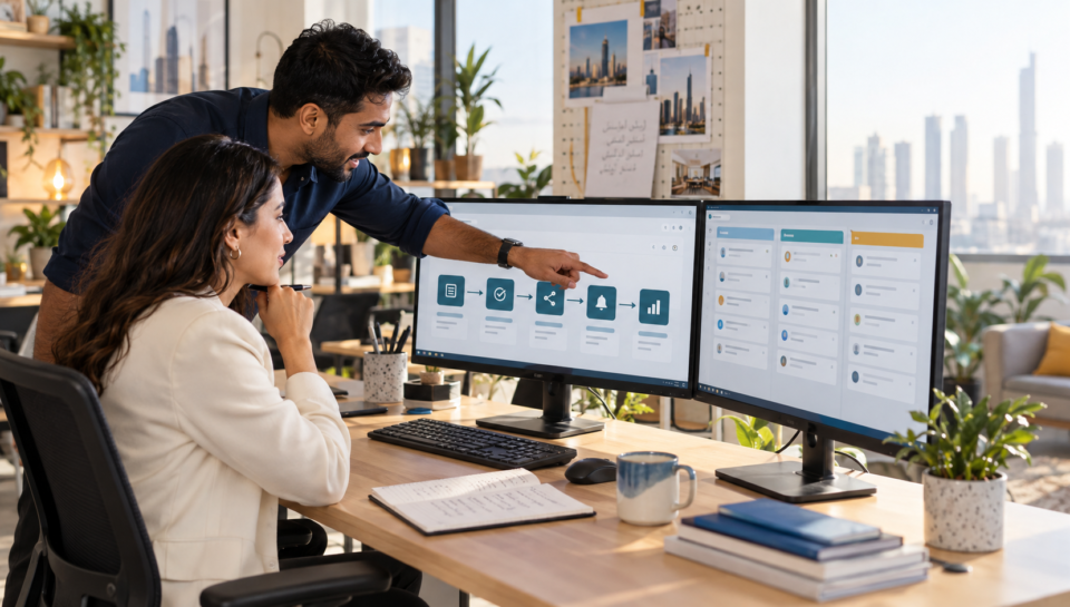 UK and UAE operations team mapping a WordPress-to-CRM lead automation workflow on desktop screens